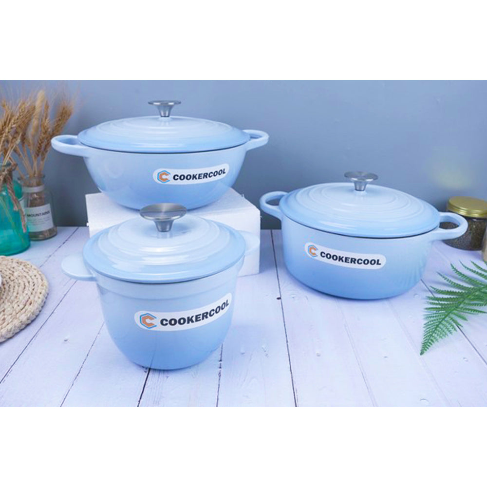 COOKERCOOL Casr Iron Enamel Cookware Set,3 pieces,Sky Blue