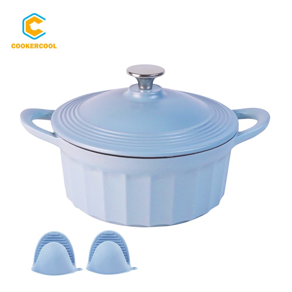 COOKERCOOL Casr Iron Enamel Cookware Set,Vertical Grain 3 pieces,Blue