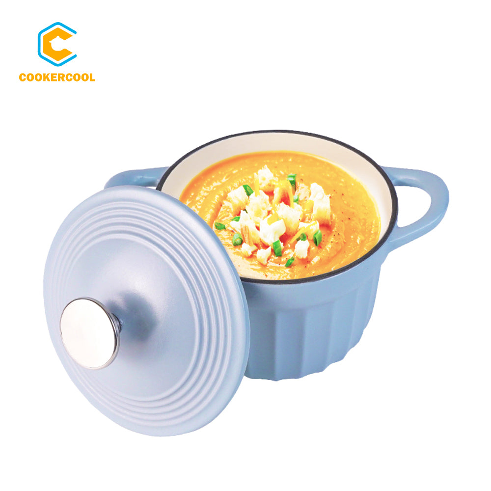 COOKERCOOL Casr Iron Enamel Cookware Set,Vertical Grain 3 pieces,Blue