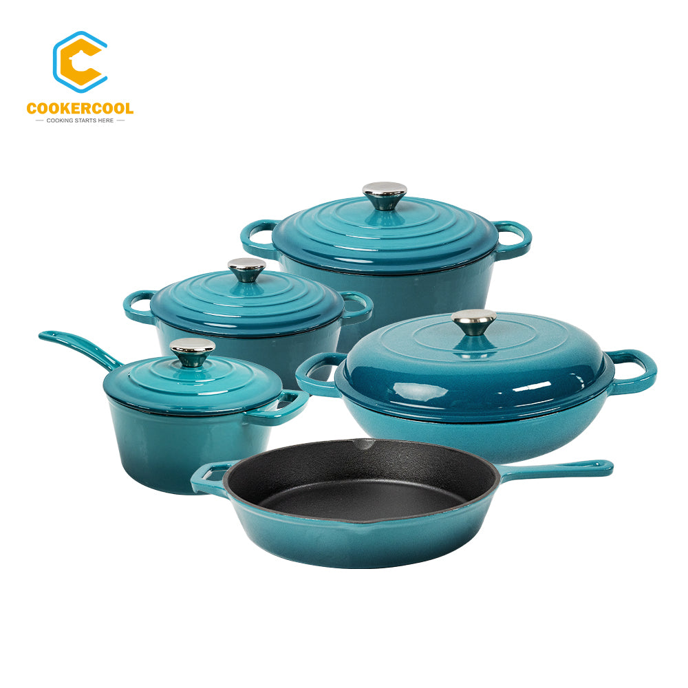 COOKERCOOL Cast Iron Enamel Cookeware Set,Dark Teal
