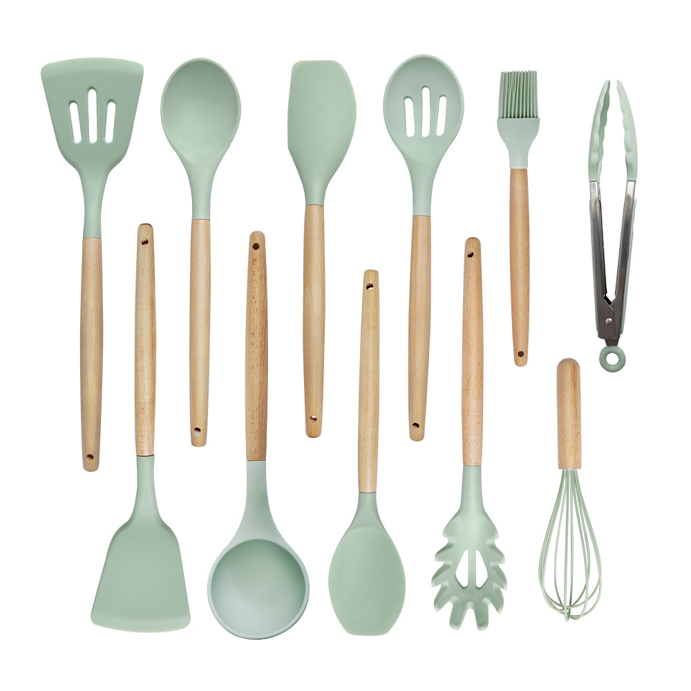 10 pieces wooden frame silicone utensils set with bucket