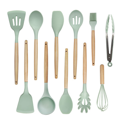 10 pieces wooden frame silicone utensils set with bucket