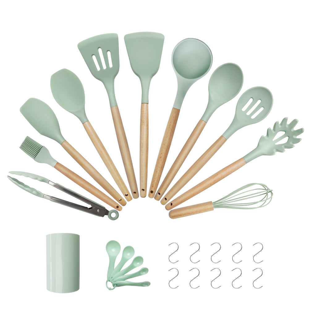 10 pieces wooden frame silicone utensils set with bucket